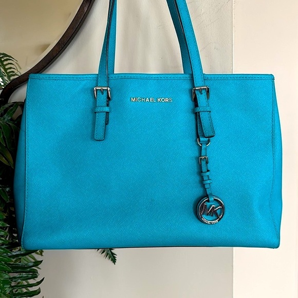 Michael Kors Saffiano Leather Jet Set Large Tote Turquoise Blue Shoulder Bag - Picture 3 of 16